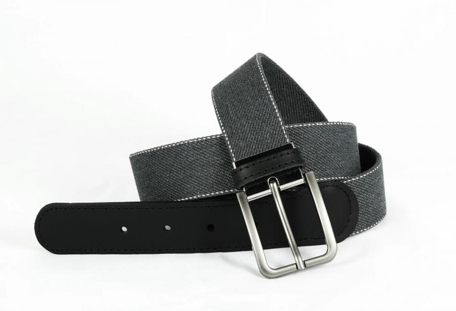 Ceinture tissu élastique - Coton recyclé - Embout cuir - Gris foncé