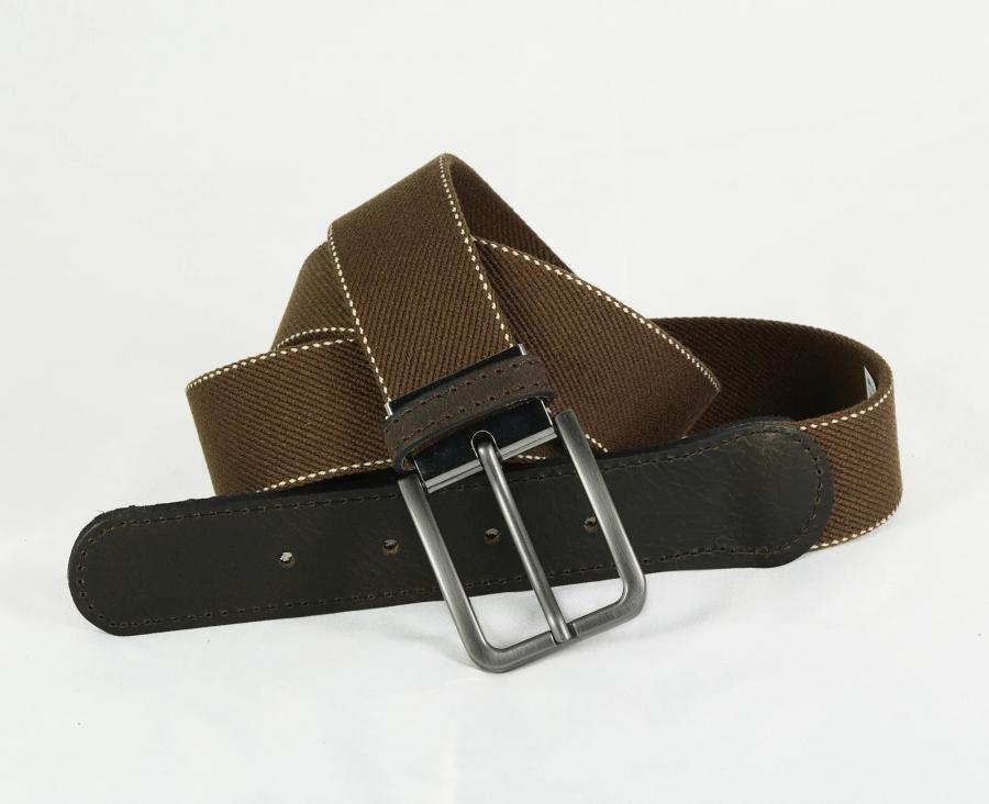 Ceinture tissu élastique - Coton recyclé - Embout en cuir - Marron