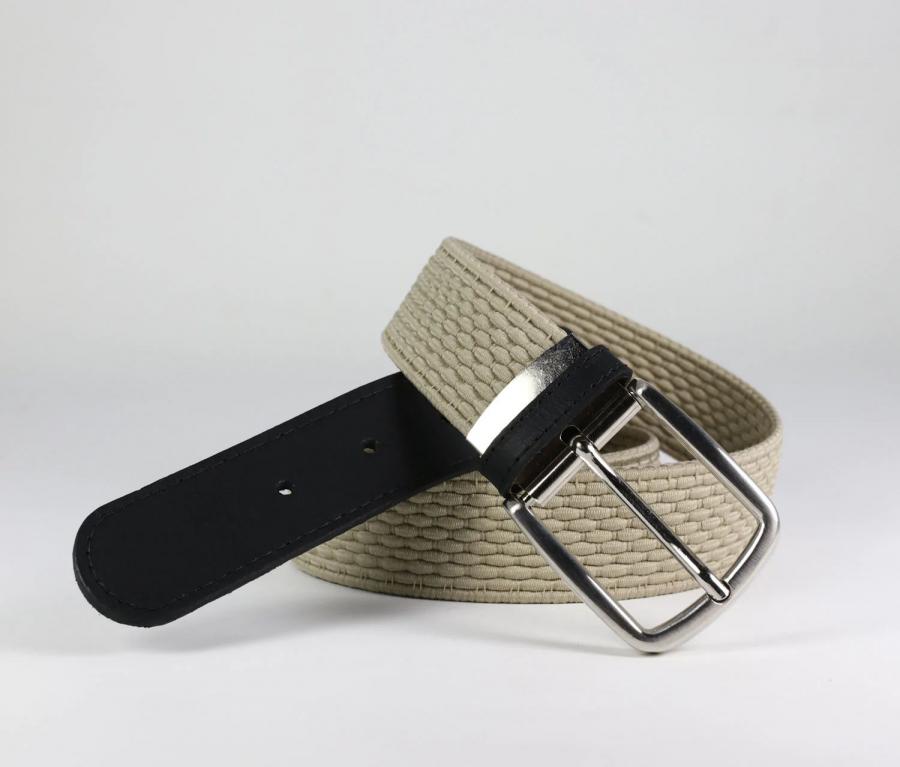 Ceinture tressée élastique - Embout cuir - Beige