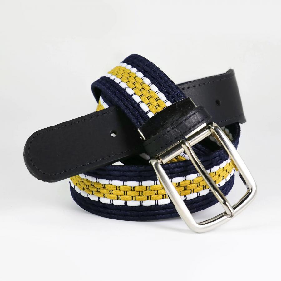 Ceinture tressée élastique - Embout cuir - Marine/Camel/Blanc
